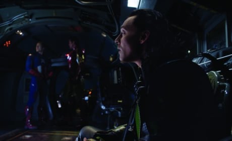 Tom Hiddleston, Robert Downey Jr. and Chris Evans in The Avengers