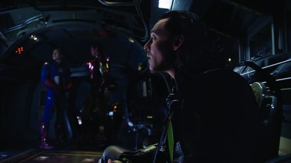 Tom Hiddleston, Robert Downey Jr. and Chris Evans in The Avengers