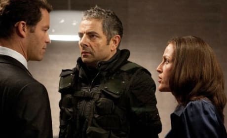 Gillian Anderson and Rowan Atkinson in Johnny English Reborn