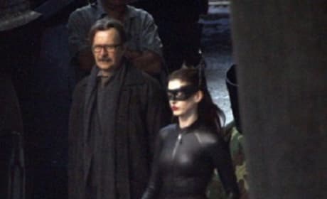 Anne Hathaway as Catwoman on Dark Knight Rises Set