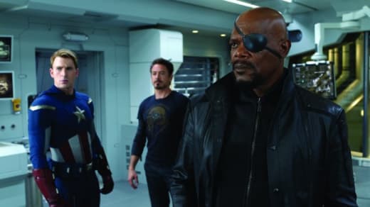 Samuel L. Jackson, Chris Evans and Robert Downey Jr. in The Avengers